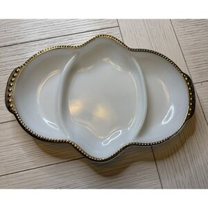 Anchor Hocking Fire King Divided Relish Milk‎ Glass Serving Dish Gold Bead 11x8